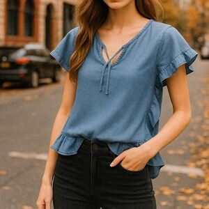 Gap denim ruffle detail short sleeve top